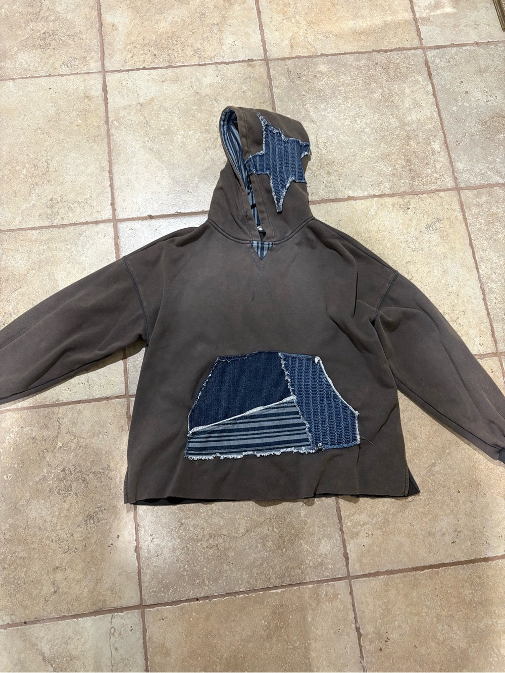 Washed green Hoodie with Denim Patch Details